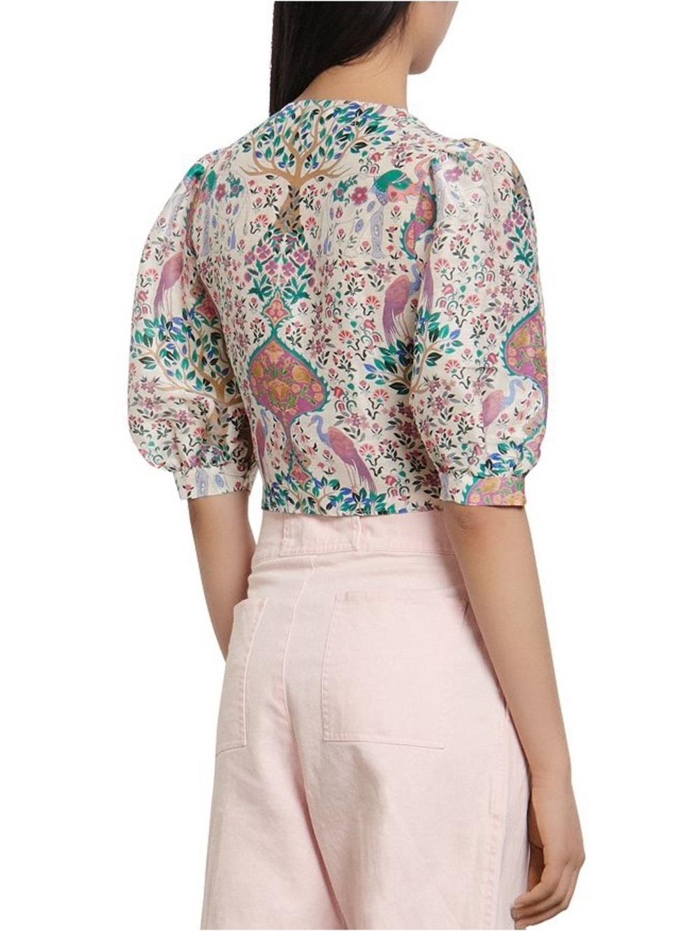 Sandro Iram Cropped Printed Linen and Silk Shantung Tie Top Sz:1/Small - Picture 5 of 16
